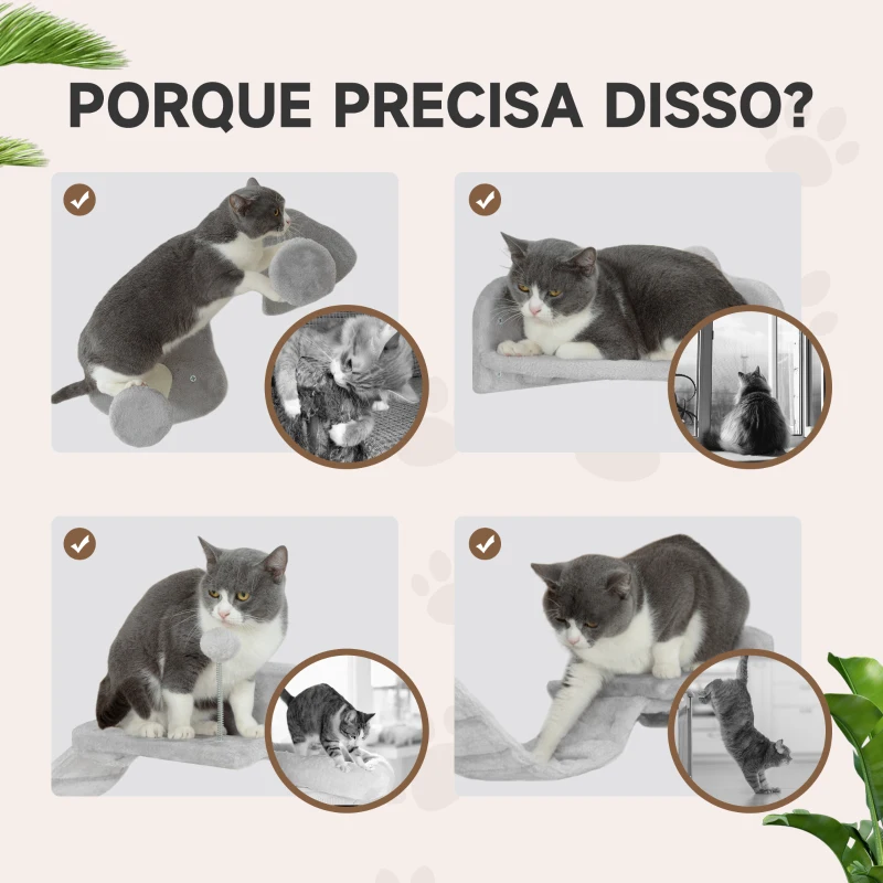 PawHut Conjunto de Prateleiras de Escalada para Gatos de 4 Peças com 2 Postes de Sisal e Plataforma para Saltar Cinzento