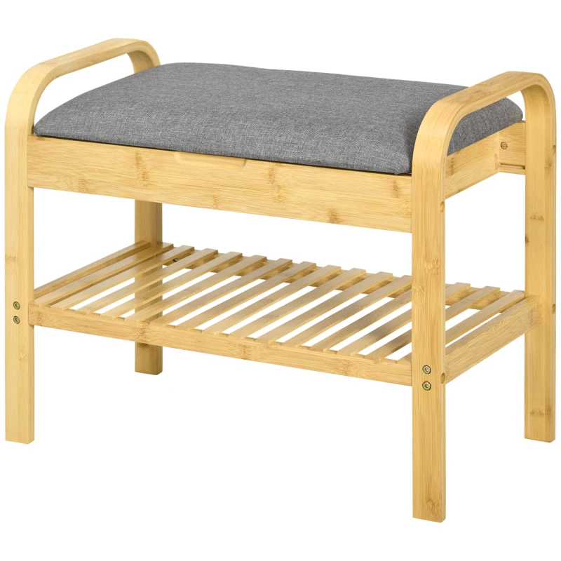 HOMCOM Banco Zapatero de Bambú Banco para Zapatos con Estante Cojín Acolchado Abatible y Espacio Oculto de Almacenaje para Recibidor Entrada Pasillo 60x33x50 cm Natural