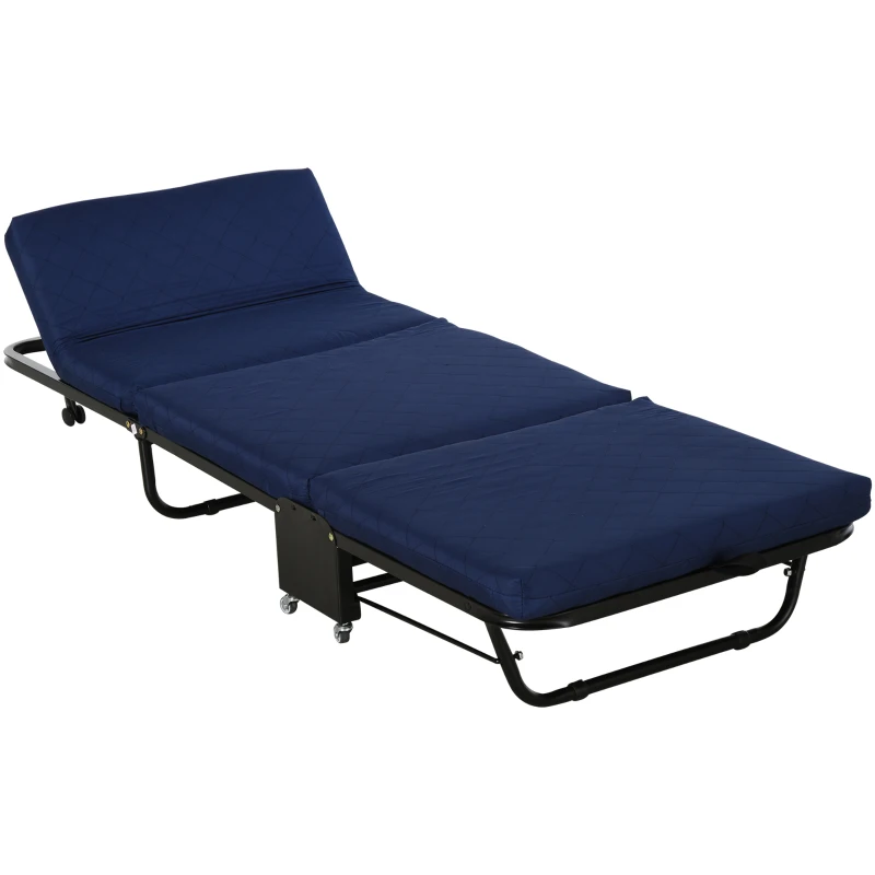 HOMCOM Cama Plegable 184x65 cm con Colchón Cama Abatible con Cabecera Ajustable en 5 Niveles Ruedas Universales y Estructura de Metal Carga Máx. 120 kg Azul
