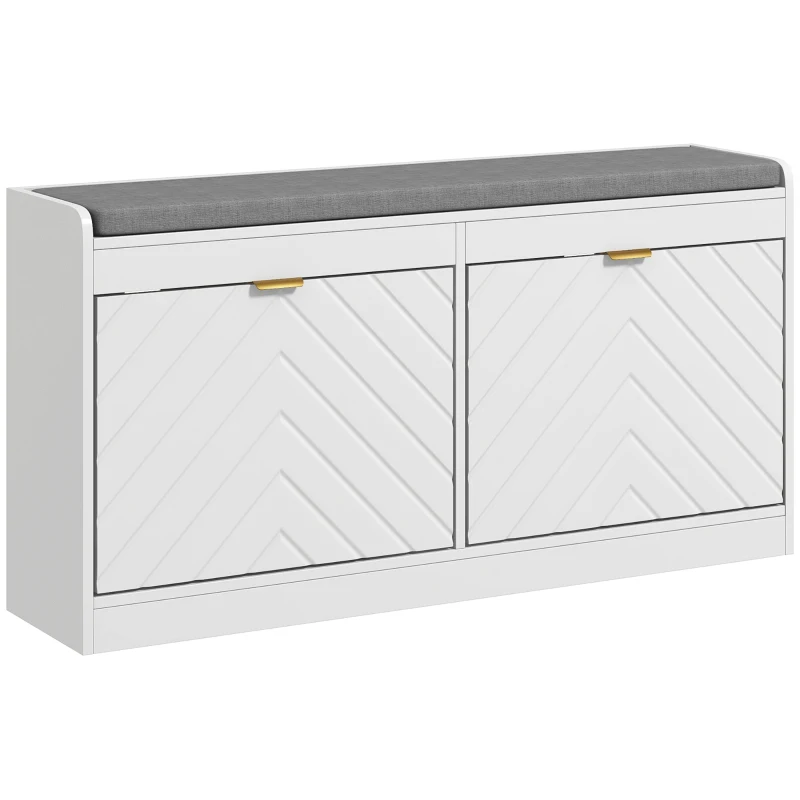 HOMCOM Banco de zapatos, banco de almacenamiento, asiento acolchado, cajón abatible, diseño con líneas 106 x 24 x 52,5 cm, blanco