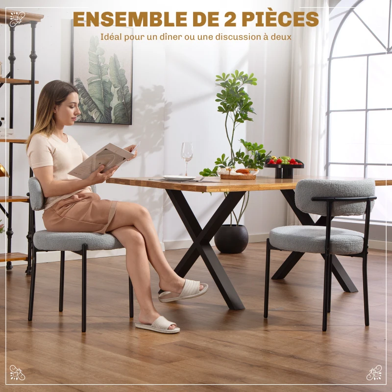 HOMCOM Lot de 2 chaises de salle à manger avec dossier en tissu pieds en acier 51 x 51 x 76 cm gris clair