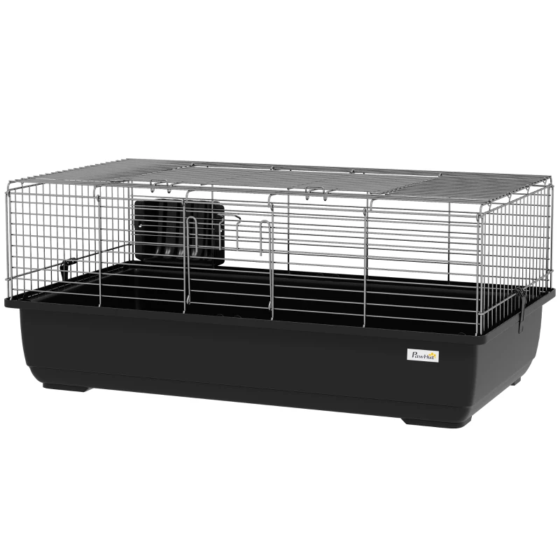 PawHut Cage pour Lapins à 2 Portes avec Plateau Amovible, en Métal et Plastique PP, 100x55x41 cm, Noir et Argent