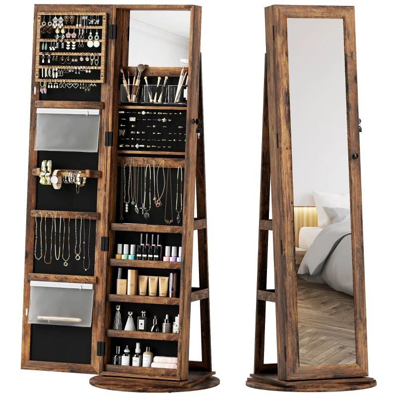 HOMCOM Miroir à Bijoux sur Pied avec Rotation à 360°, 55x55x161 cm, Marron Rustique