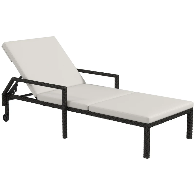Outsunny Tumbona de Ratán Sintético con Respaldo Ajustable en 5 Posiciones Cojín y Ruedas 73x200x48 cm Crema y Negro