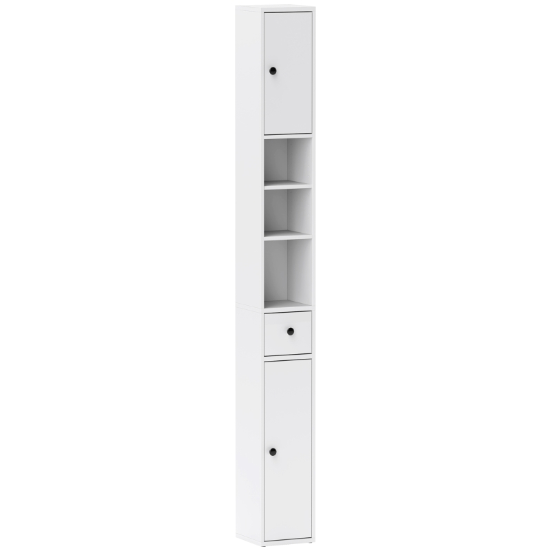 HOMCOM Colonne de Salle de Bain Gain de Place avec 2 Armoires, 3 Étagères Ouvertes et Tiroir, en Bois, 20x20x178 cm, Blanc
