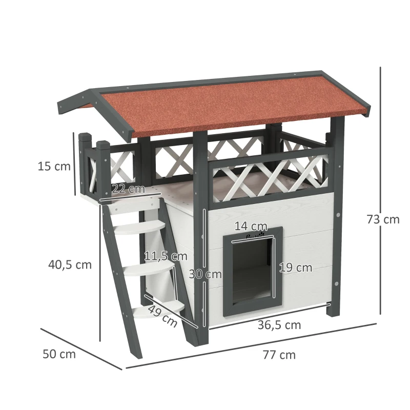 PawHut Casa para Gatos de Madeira 77x50x73cm Casa para Gatos com 2 Níveis com Teto Asfáltico Terraço Cercado Caverna e Escada Branco