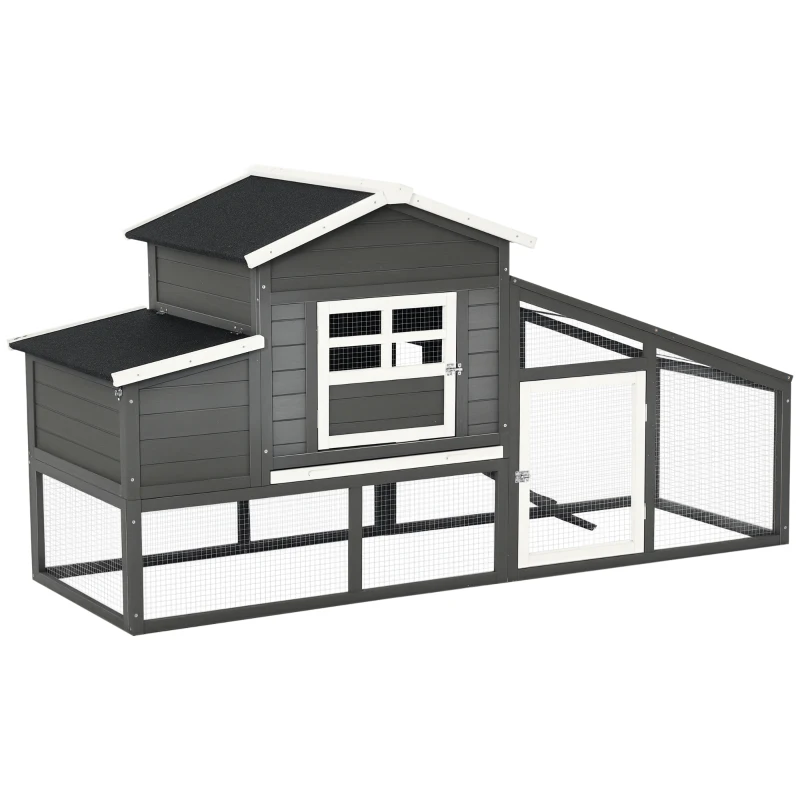 PawHut Galinheiro de Madeira Exterior Gaiola para 2-4 Galinhas com Grade de Arame Tetos Asfálticos Ninho Bandeja Removível Rampa e Zona Aberta 200x80x105cm Cinza