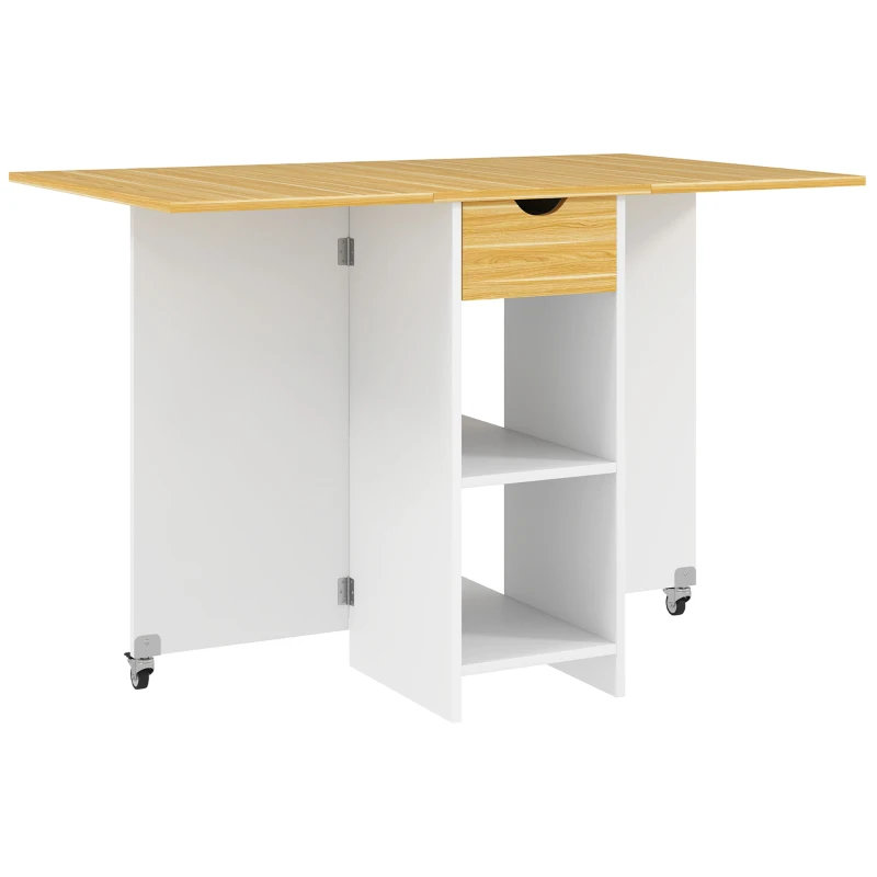 HOMCOM Table de Salle à Manger Pliante pour 2-4 Personnes avec 2 Rallonges, Tiroir et Étagères, Chêne