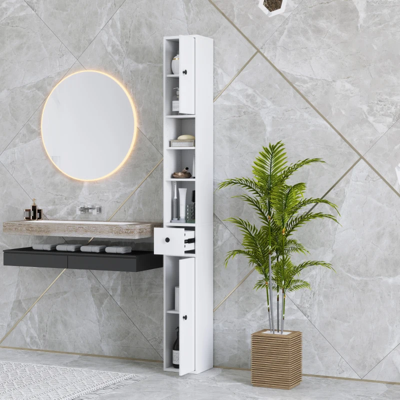 HOMCOM Colonne de Salle de Bain Gain de Place avec 2 Armoires, 3 Étagères Ouvertes et Tiroir, en Bois, 20x20x178 cm, Blanc