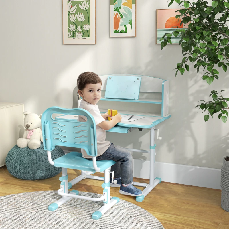 ZONEKIZ Ensemble Bureau pour Enfants avec Chaise Réglable en Hauteur et Plateau Inclinable, Âge 6-12 Ans, Bleu
