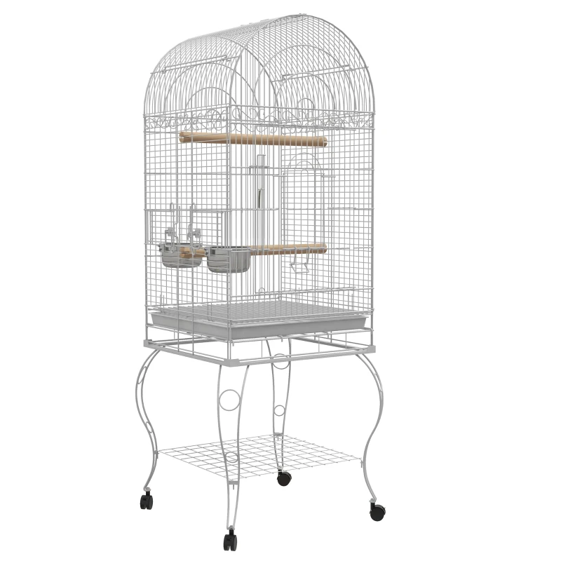 PawHut Cage à oiseaux sur roulettes avec étagère plateau amovible 2 bols perchoir acier inoxydable 51 x 51 x 153 cm blanc
