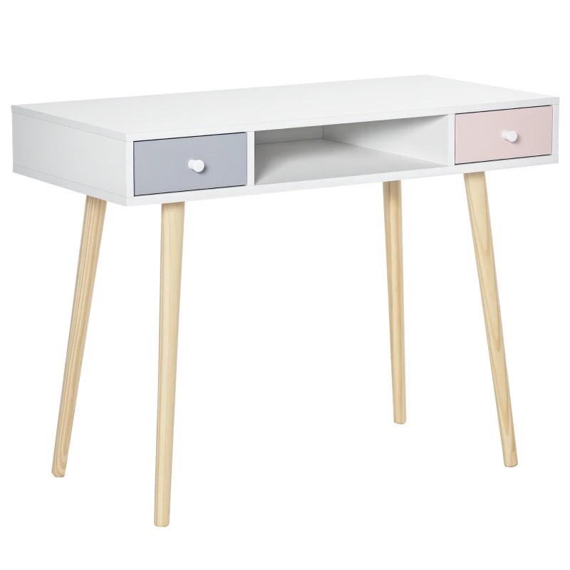 HOMCOM Bureau enfant style scandinave avec tiroir et compartiment de rangement 100L x 48l x 76,5H cm MDF et pin blanc gris et rose