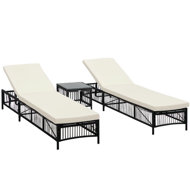 Outsunny Conjunto de 2 Tumbonas de Ratán con Mesa de Centro Respaldo Ajustable en 5 Niveles y Cojines 196x54x32 cm Negro