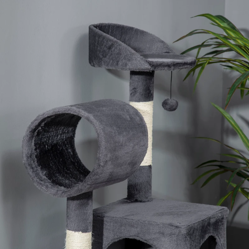 PawHut Arbre à Chats avec Griffoir pour Chats, Maison pour Chats, Hamac, Lit, Tunnel et Balle, 48x48x125 cm, Gris Foncé
