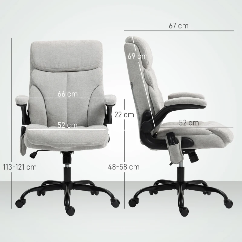 HOMCOM Chaise de Bureau avec Massage Hauteur Réglable et Accoudoirs Abattables Revêtement Respirant 66x67x113-121 cm Gris