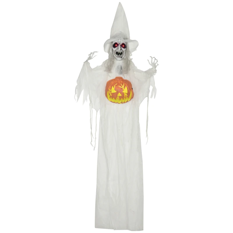 HOMCOM 6ft Outdoor Halloween Decoration Witch with Pumpkin, Standing Skeleton Witch Prop Life Size with Sound and Motion Activated, Light Up Eyes, Laughing Sound, Posable Arms, White