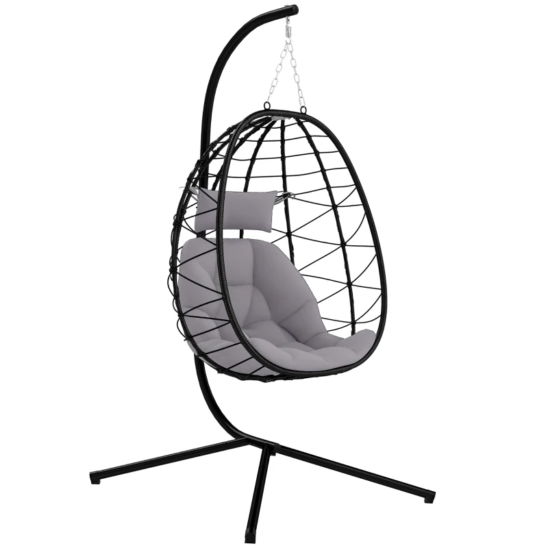 Outsunny Cadeira Suspensa com Suporte Baloiço Jardim com Cesto Dobrável Almofada e Apoio de Cabeça 98x95x198 cm Cinzento