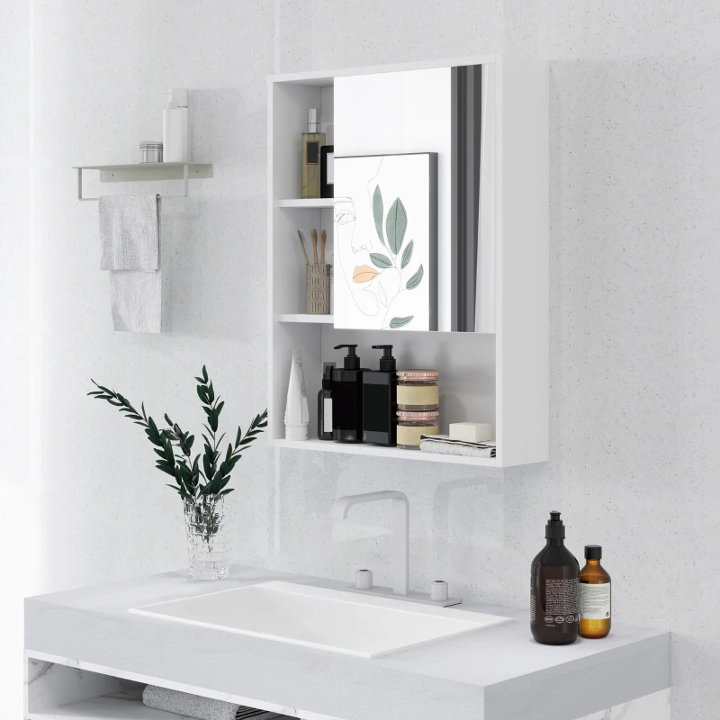 kleankin Armoire de Salle de Bain avec Miroir, Étagères et Étagère Réglable, Montage Mural, 60x15x76 cm, Blanc