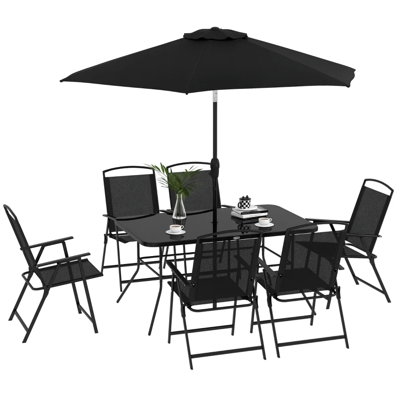 Outsunny Conjunto de Jardim Refeição de 8 Peças com 6 Cadeiras Dobráveis Mesa e Chapéu de Sol Inclinável Preto