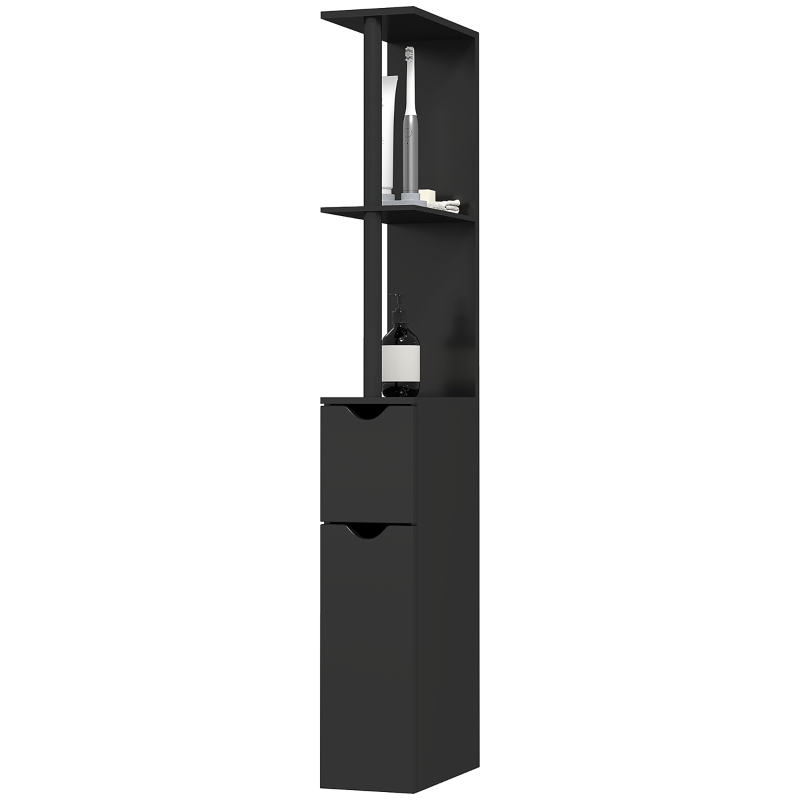 kleankin Colonne de Salle de Bains avec 2 Étagères et 2 Armoires, Meuble Haut Gain de Place 15,2x29,8x118 cm, Noir