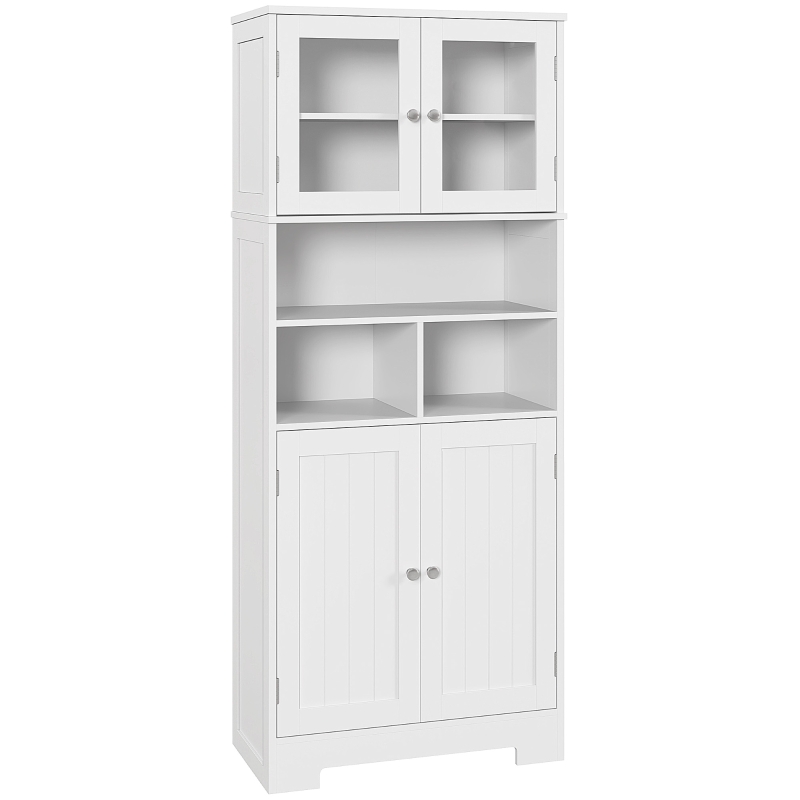 HOMCOM Credenza Cucina avec 2 Armoires et 3 Compartiments Ouverts, Portes en Verre et Étagères Réglables, 60x30x145.5 cm, Blanc