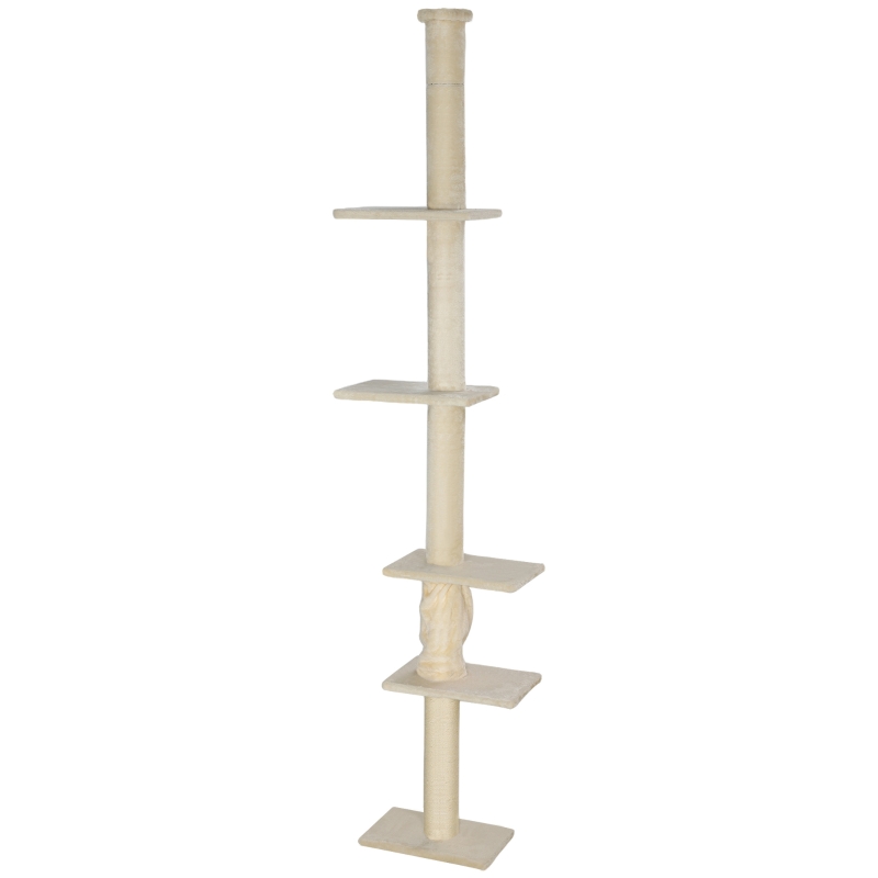 PawHut Arbre à griffer, hauteur ajustable 225-275 cm, base stable, protection anti-basculement, revêtement en peluche, Crème