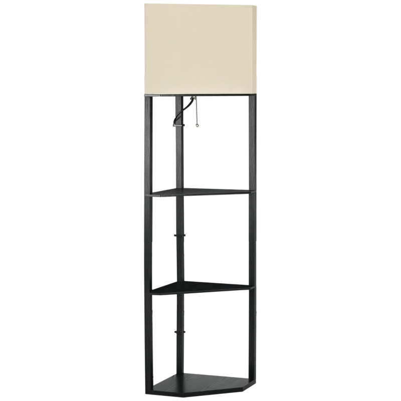 HOMCOM Lámpara de Pie con Estantes de Madera Pantalla de Tela e Interruptor de Cadena 50x37x159 cm Negro y Beige
