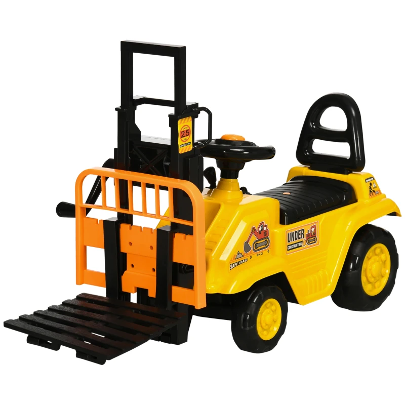 HOMCOM Tracteur à Pédales pour Enfants 3-4 Ans avec Chariot Élévateur et Espace de Rangement, 86x27.5x47.5 cm, Jaune et Noir
