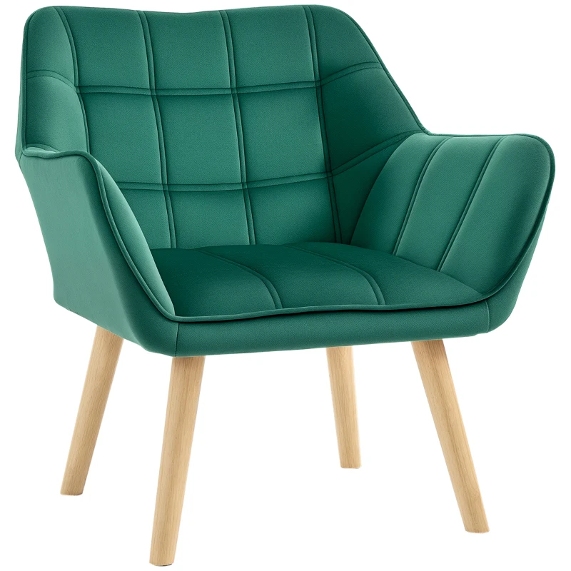 HOMCOM Poltroncina Stile Nordico in Legno ed Effetto Velluto Verde per Soggiorno o Ufficio, 67x61.5x71cm