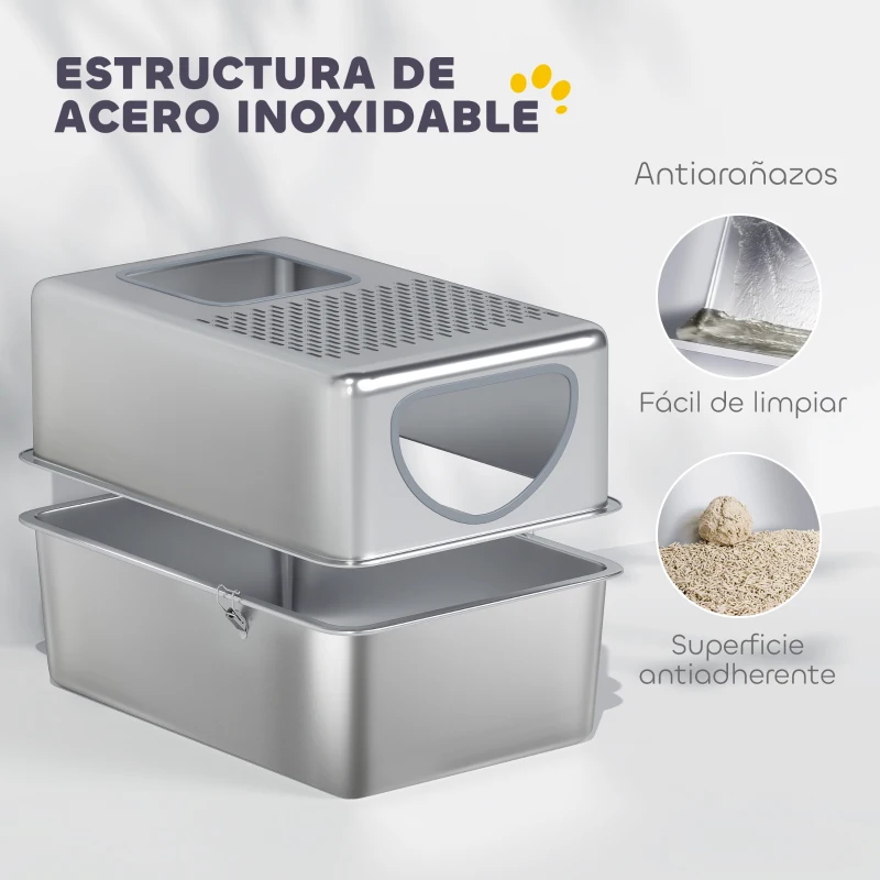PawHut Arenero para Gatos de Acero Inoxidable XL Arenero con Pala Aberturas Dobles Fácil de limpiar Plata