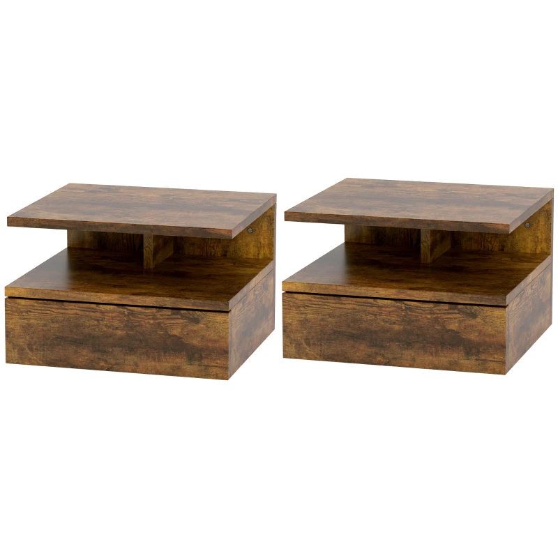HOMCOM Set de 2 Tables de Chevet Suspendues pour Chambre à Coucher avec Tiroir et Étagère en Bois 35x32x22.5cm, Marron