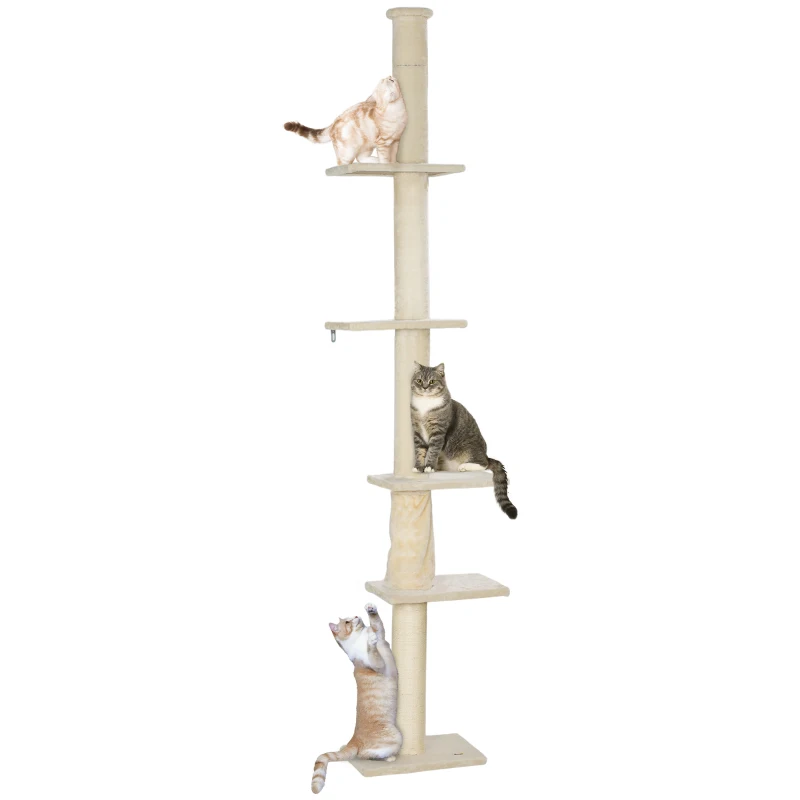 PawHut Arbre à griffer, hauteur ajustable 225-275 cm, base stable, protection anti-basculement, revêtement en peluche, Crème