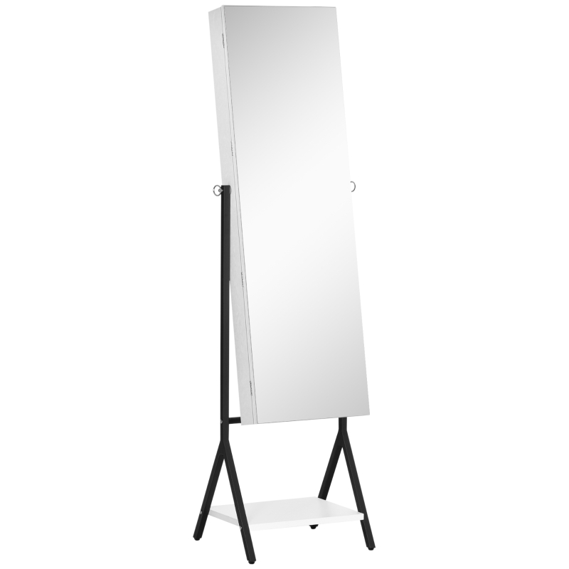 HOMCOM Espejo Joyero de Pie Cuerpo Entero Ajustable en Ángulo Armario de Joyería con Estante Inferior Cerradura Magnética Ranuras y Cajas para Joyas 47x36x157 cm Blanco y Negro