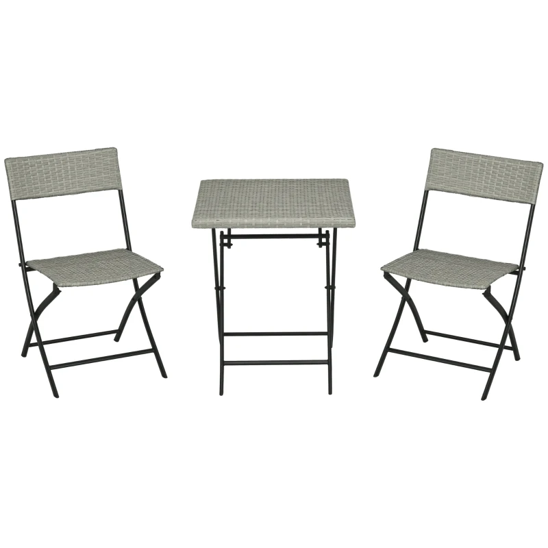 Outsunny 3-tlg. Gartensitzgruppe, 2 Klappstühle, 1 Klapptisch, Rattanoptik, Metallrahmen, hellgrau