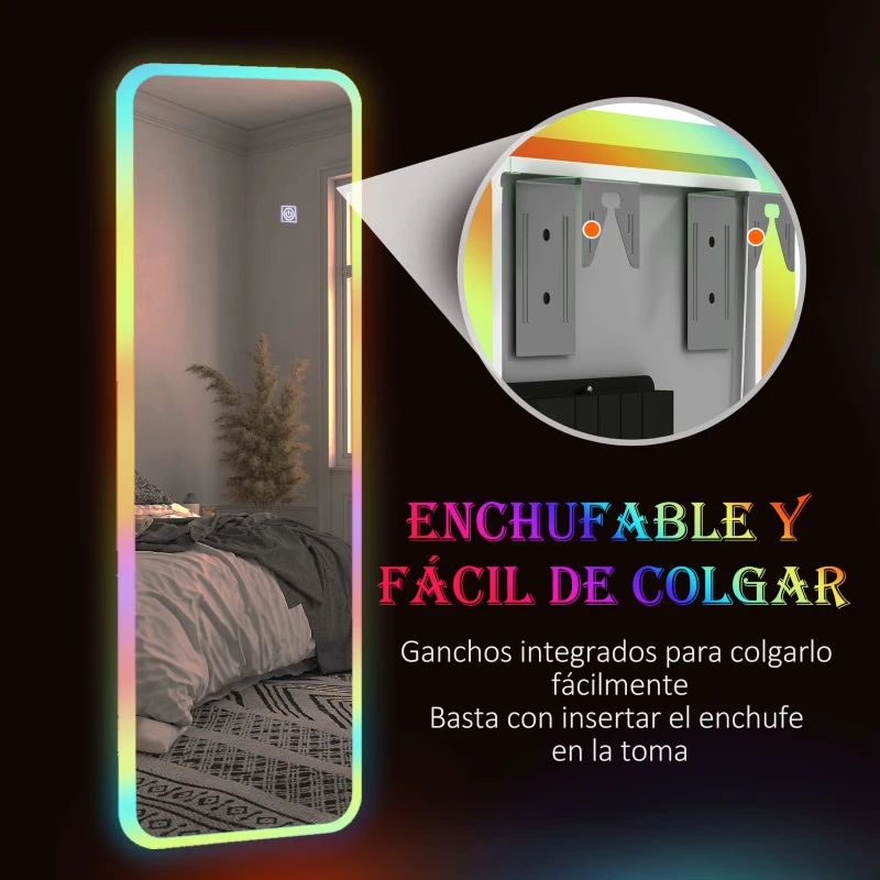 HOMCOM Miroir de Pied Entier avec Lumières LED 120x40 cm Miroir Mural avec Éclairage de 7 Couleurs RGB et Fonction de Mémoire