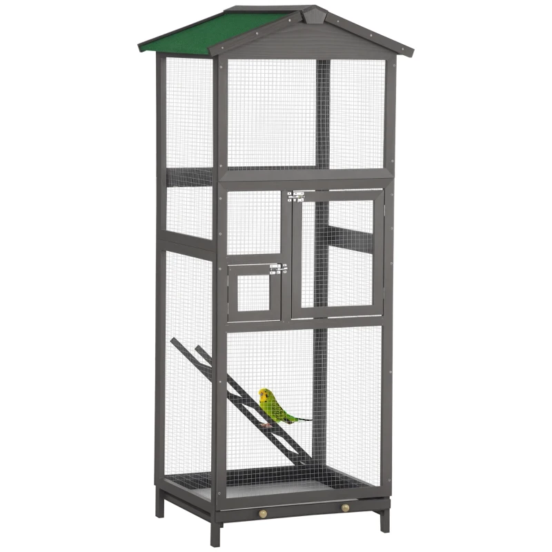 PawHut Colivie pentru Păsări din Lemn și Plasă Metalică cu 2 Uși și Tavă Detașabilă, 68x63x165 cm, Gri Deschis