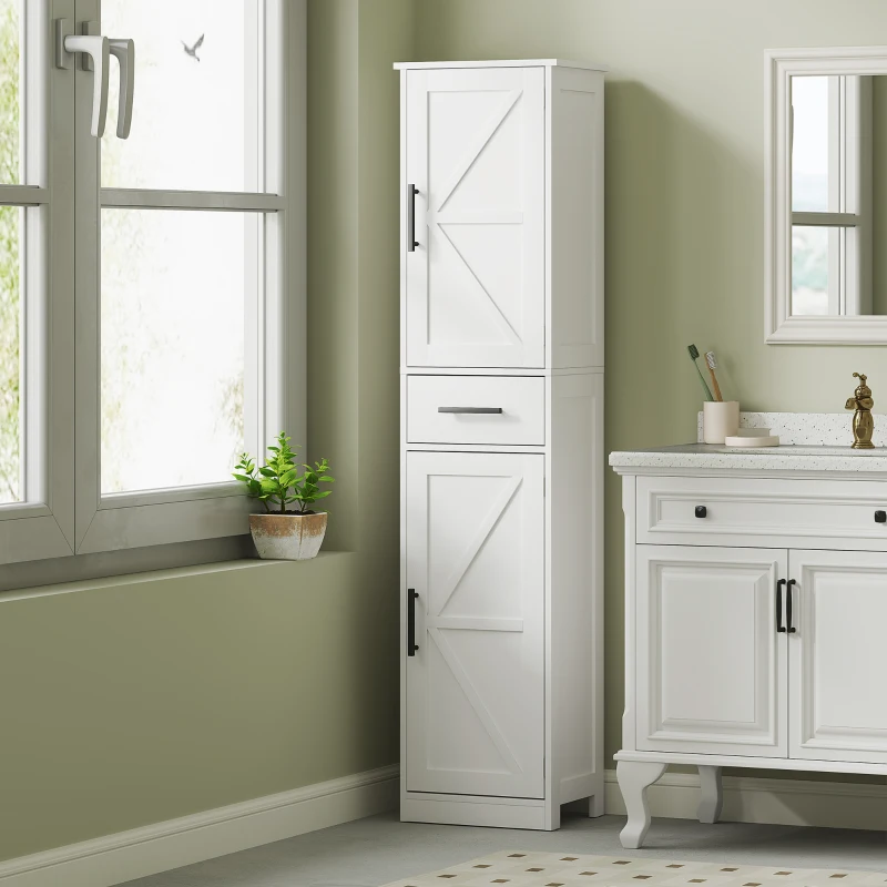 HOMCOM Armoire Haute de Salle de Bain Étroite avec 2 Portes 1 Tiroir et 2 Étagères Ajustables Style Rustique 40x30x170 cm Blanc