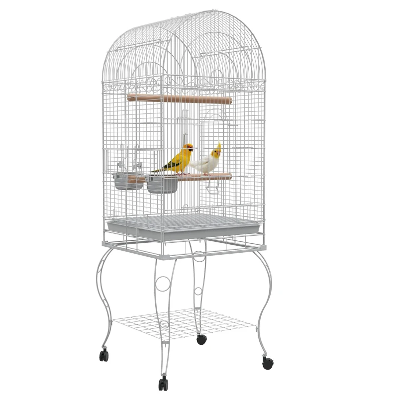 PawHut Cage à oiseaux sur roulettes avec étagère plateau amovible 2 bols perchoir acier inoxydable 51 x 51 x 153 cm blanc