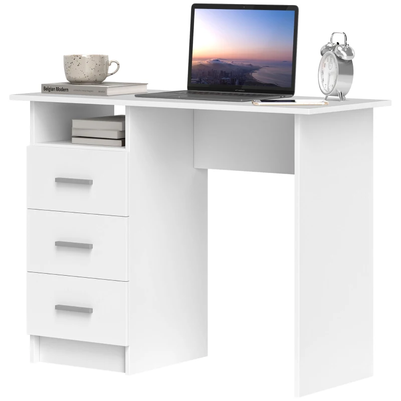 HOMCOM Bureau Moderne en Bois avec 3 Tiroirs et Etagère Ouverte, 100x40x75 cm, Blanc et Marron