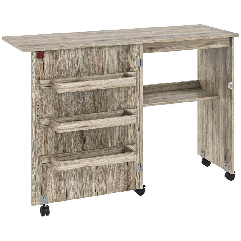 HOMCOM Mesa de costura plegable mueble costura abatible con cubetas de almacenamiento, estante abierto y ruedas efecto madera gris
