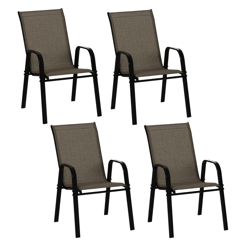 Outsunny Ensemble de Chaises de Jardin Set 4 Pièces, Chaises d'Extérieur Empilables en Métal et Tissu Respirant, Marron