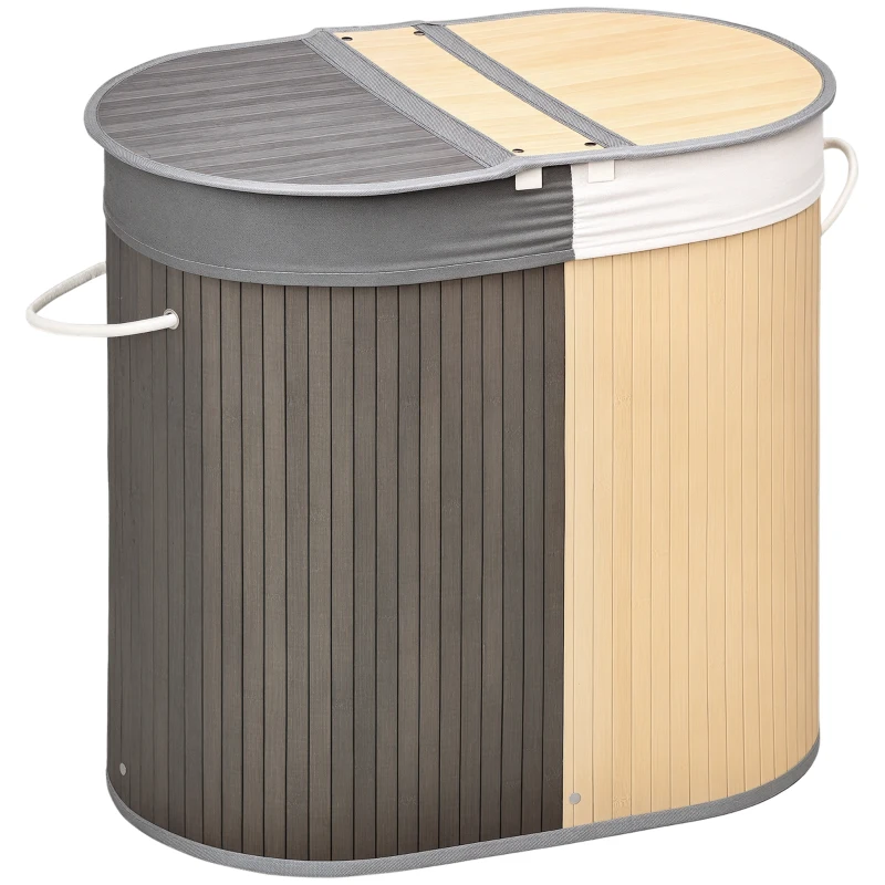 HOMCOM Cesto de Roupa de Bambu Capacidade de 100L com Tampa Rebatível e 2 Compartimentos 62,5x37x60,5cm Cinza e Madeira