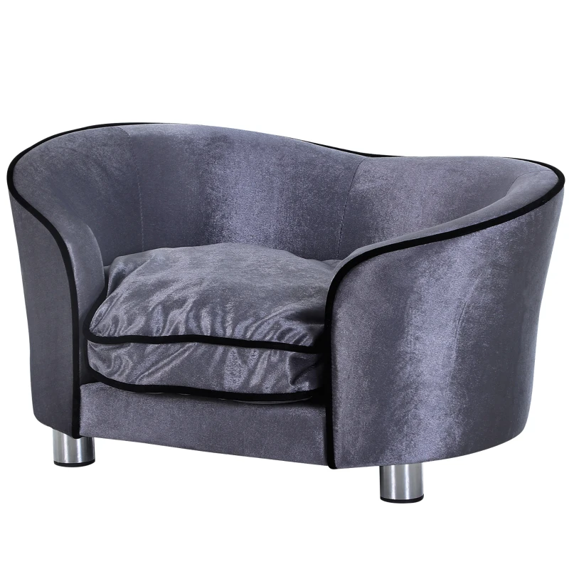 PawHut Canapé chien chat sur pied style  contemporain lit animaux avec accoudoir dossier coussin amovible grand confort + poche rangement revêtement peluche courte 69 x 49 x 38 cm gris