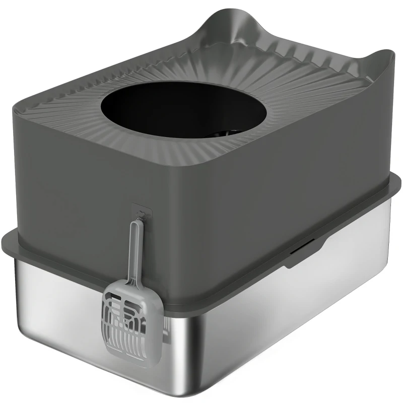 PawHut Stainless Steel Cat Litter Tray, Extra Large Enclosed Litter Box with Scoop, Top Entrance, Non-slip Pads, Dark Grey