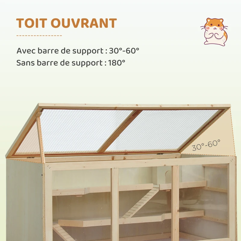 PawHut Cage à hamster cage gerbilles 2 niveaux toit ouvrable fenêtres cabane 2 échelle, 115 x 57 x 55 cm, effet bois naturel