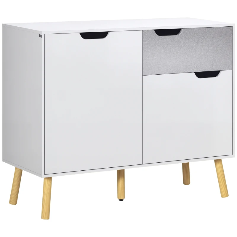 HOMCOM Mobile da Salotto con 2 Armadietti a 2 Ante e Cassetto in Truciolato e Pino, 98x39x81.5 cm, Grigio e Bianco