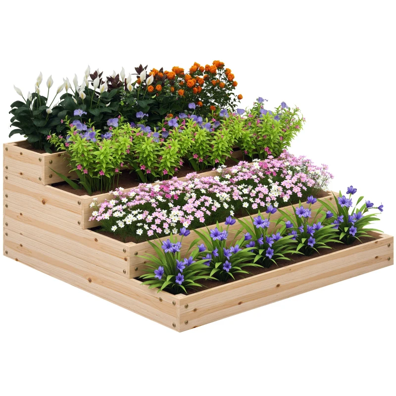 Outsunny Cadrul de grădină patrat fără fund, 4 etaje pentru plante, legume, fructe, flori, 113 x 113 x 46 cm lemn natural