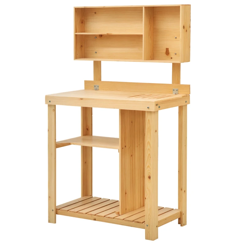 Outsunny Pflanztisch Gartenarbeitstisch für Garten Balkon und Terrasse, Gartentisch mit Ablage, Blumenregal Blumenständer aus Tannenholz, 80 x 43 x 136,5 cm, Natur