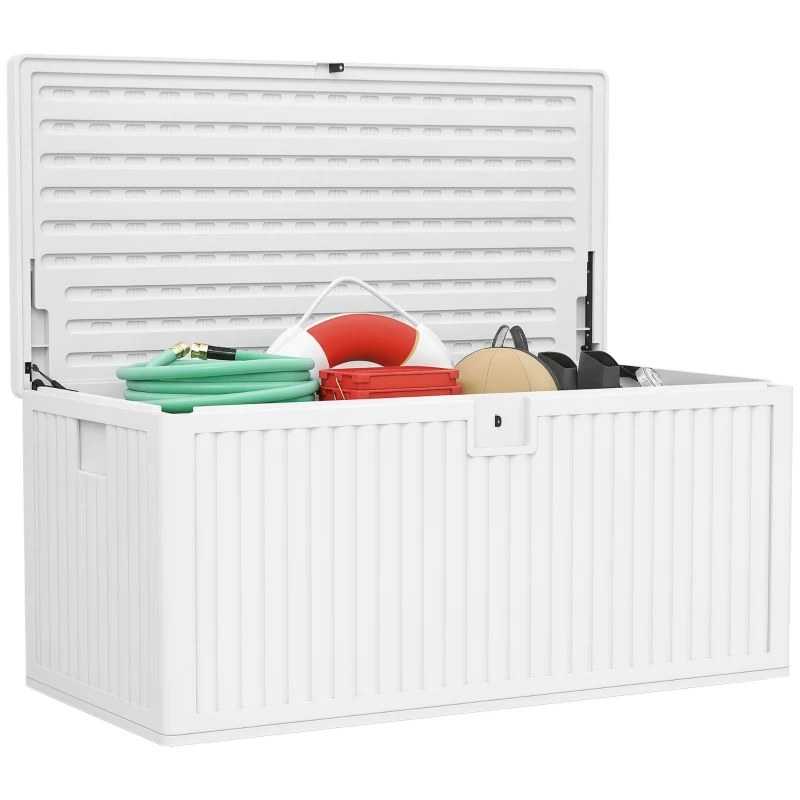 Outsunny Cufăr de Exterior de 140L Impermeabil cu Design Canelat și 2 Pistoane cu Gaz, 140x68x68 cm, Alb