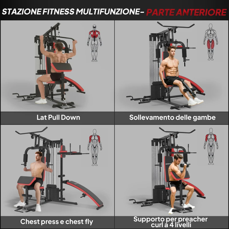 SPORTNOW Stazione Fitness Multifunzione per Allenamento del Corpo, in Acciaio e PU, 225x175x200 cm, Nero
